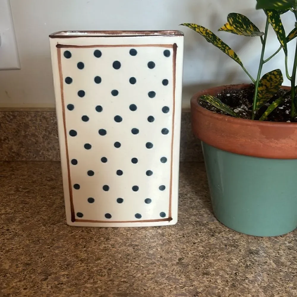 Dorothy Hafner for Tiffany & co cream with blue polka dot and brown accents vase